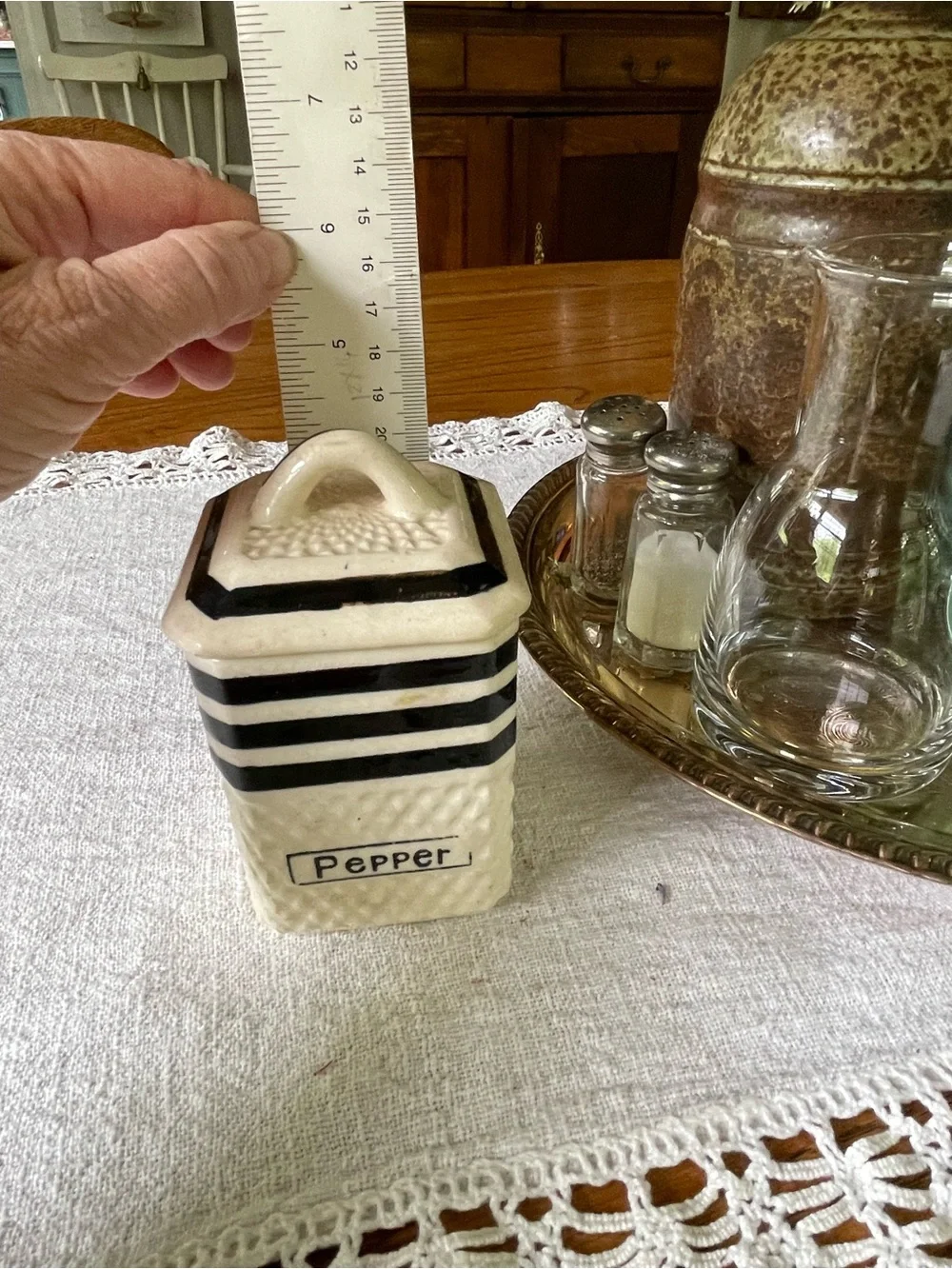 Vintage Hand Painted Japan Striped Ceramic Pepper Canister - Black and Cream